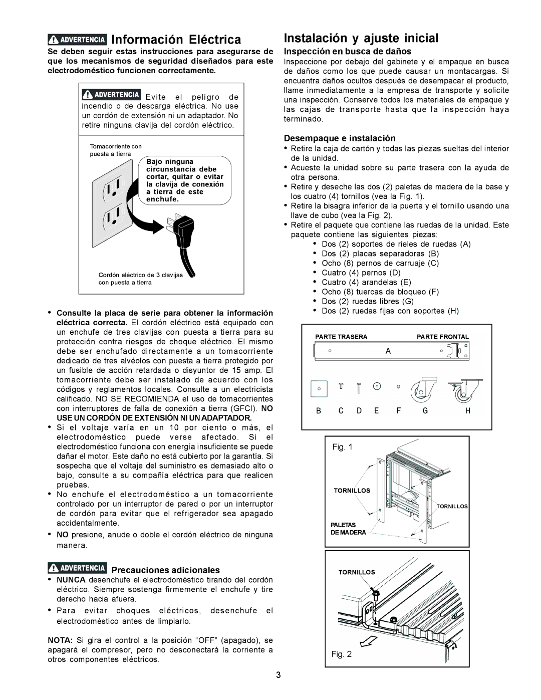 Frigidaire FREEZER/REFRIGERATOR GLASS DOOR REFRIGERATOR Instalación y ajuste inicial, Inspección en busca de daños 