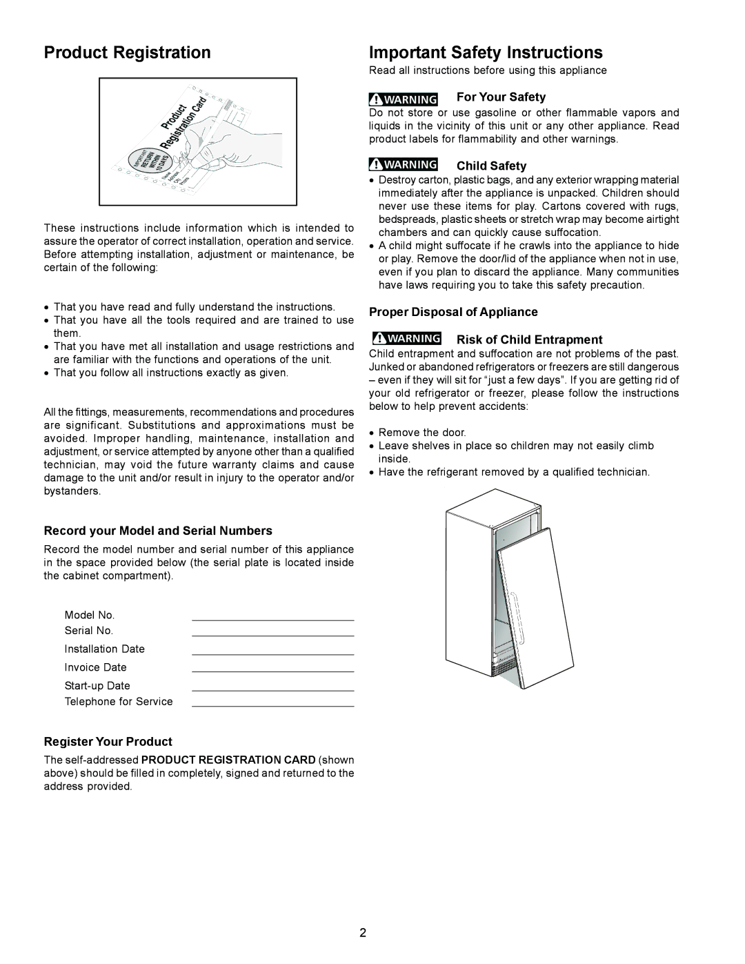 Frigidaire FREEZER/REFRIGERATOR GLASS DOOR REFRIGERATOR Product Registration, Important Safety Instructions 