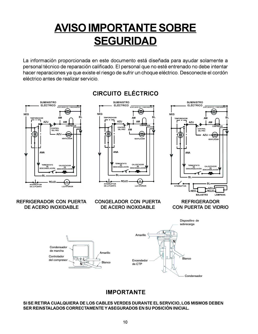 Frigidaire FREEZER/REFRIGERATOR GLASS DOOR REFRIGERATOR important safety instructions Circuito Eléctrico, Importante 