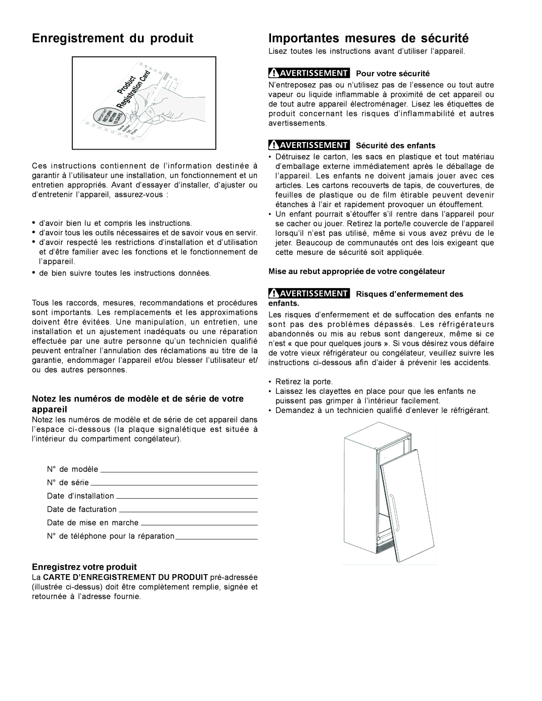 Frigidaire FREEZER/REFRIGERATOR GLASS DOOR REFRIGERATOR Enregistrement du produit, Importantes mesures de sécurité 