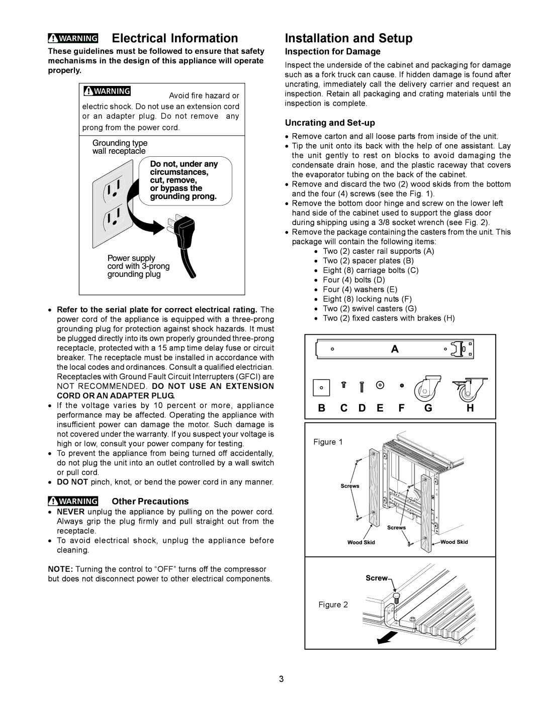 Frigidaire FREEZER/REFRIGERATOR GLASS DOOR REFRIGERATOR Electrical Information, Installation and Setup, Other Precautions 