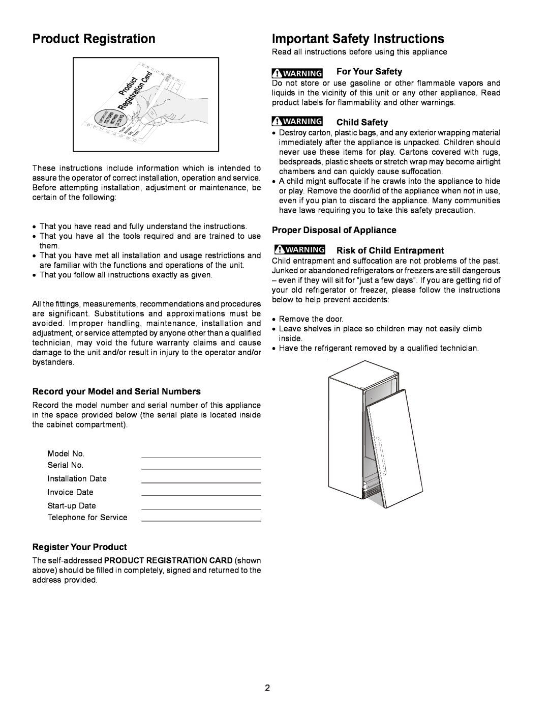 Frigidaire FREEZER/REFRIGERATOR GLASS DOOR REFRIGERATOR Product Registration, Important Safety Instructions, Child Safety 