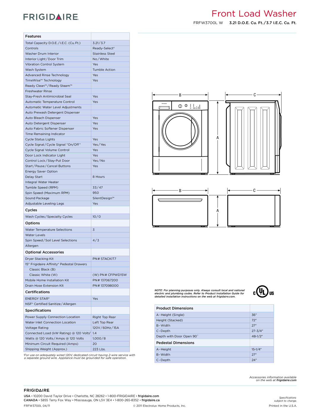 Frigidaire FRFW3700L W Features, Cycles, Options, Optional Accessories, Certifications, Specifications, Product Dimensions 