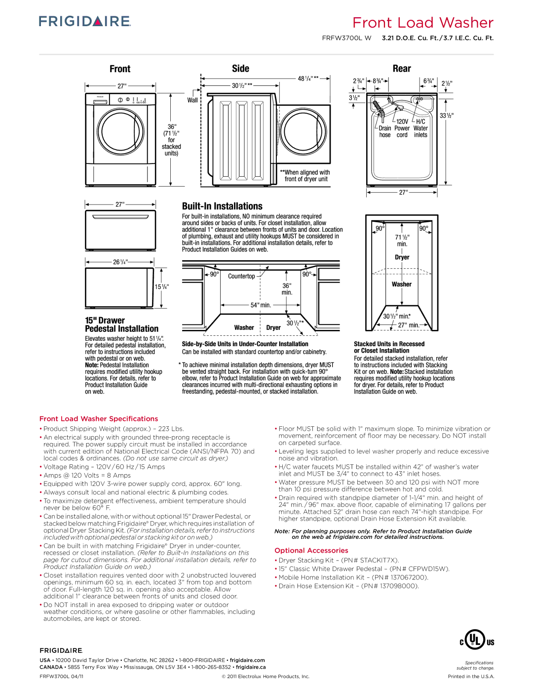 Frigidaire FRFW3700L W dimensions Front Load Washer Specifications, Optional Accessories 