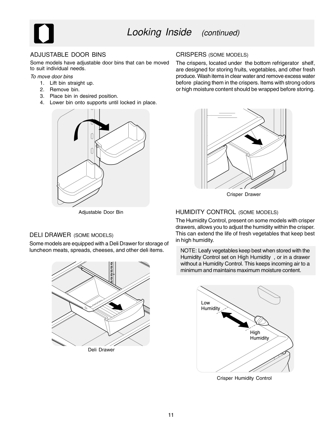 Frigidaire Frigidaire manual Adjustable Door Bins, Humidity Control Some Models 