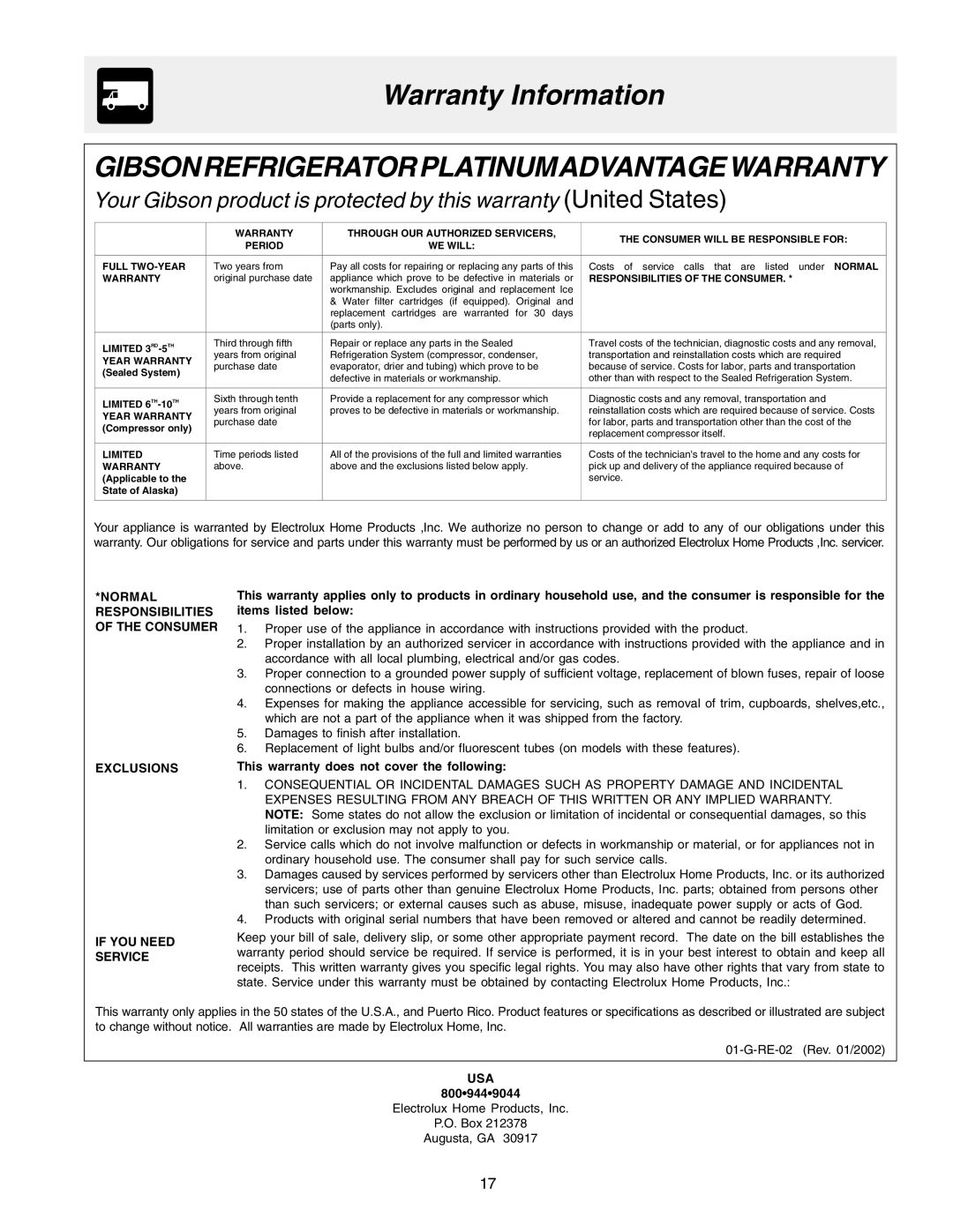 Frigidaire Frigidaire manual Warranty Information, Gibsonrefrigeratorplatinumadvantagewarranty 