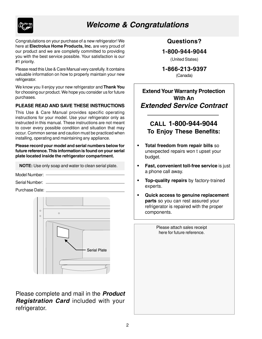 Frigidaire Frigidaire manual Welcome & Congratulations, Please Read and Save These Instructions 