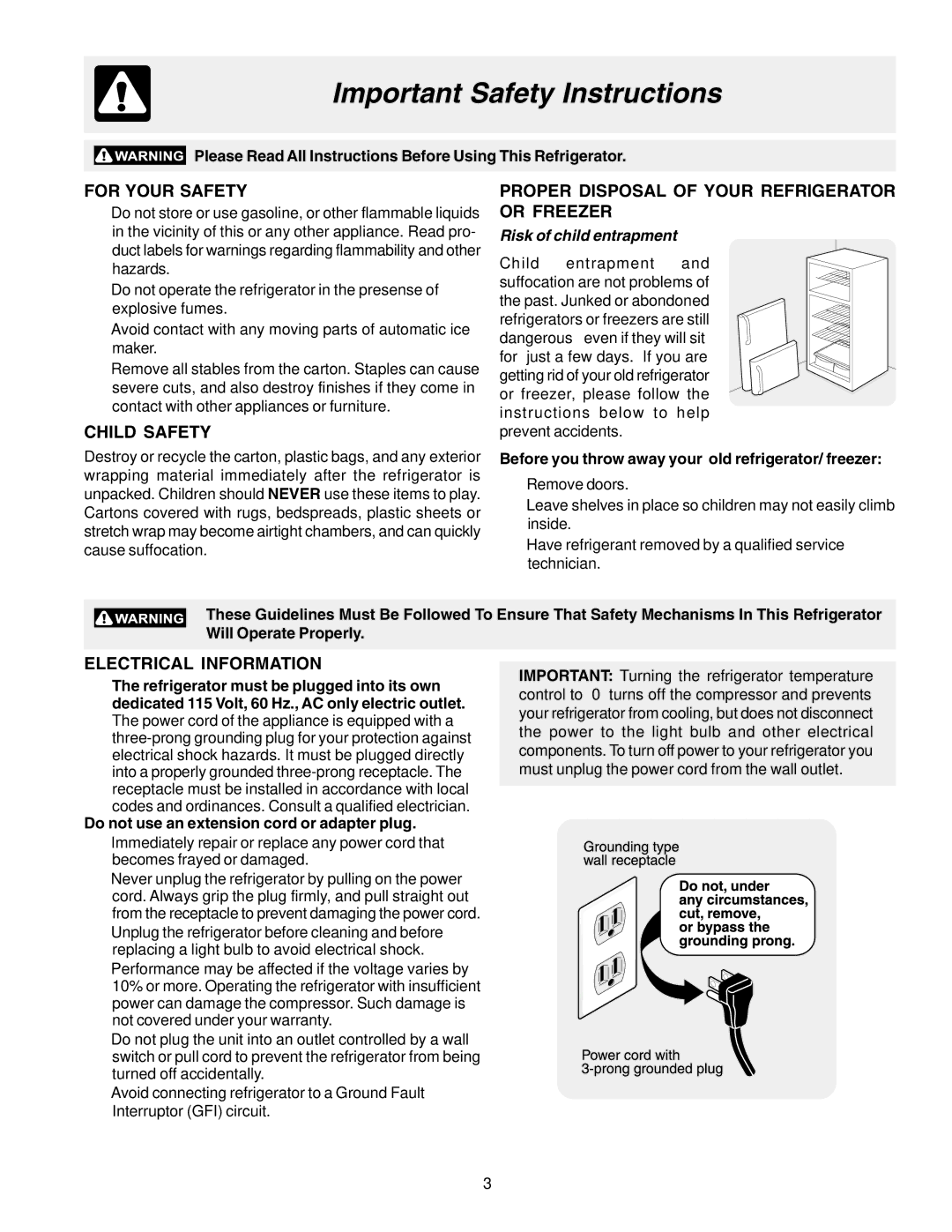 Frigidaire Frigidaire manual Important Safety Instructions, For Your Safety, Child Safety, Electrical Information 