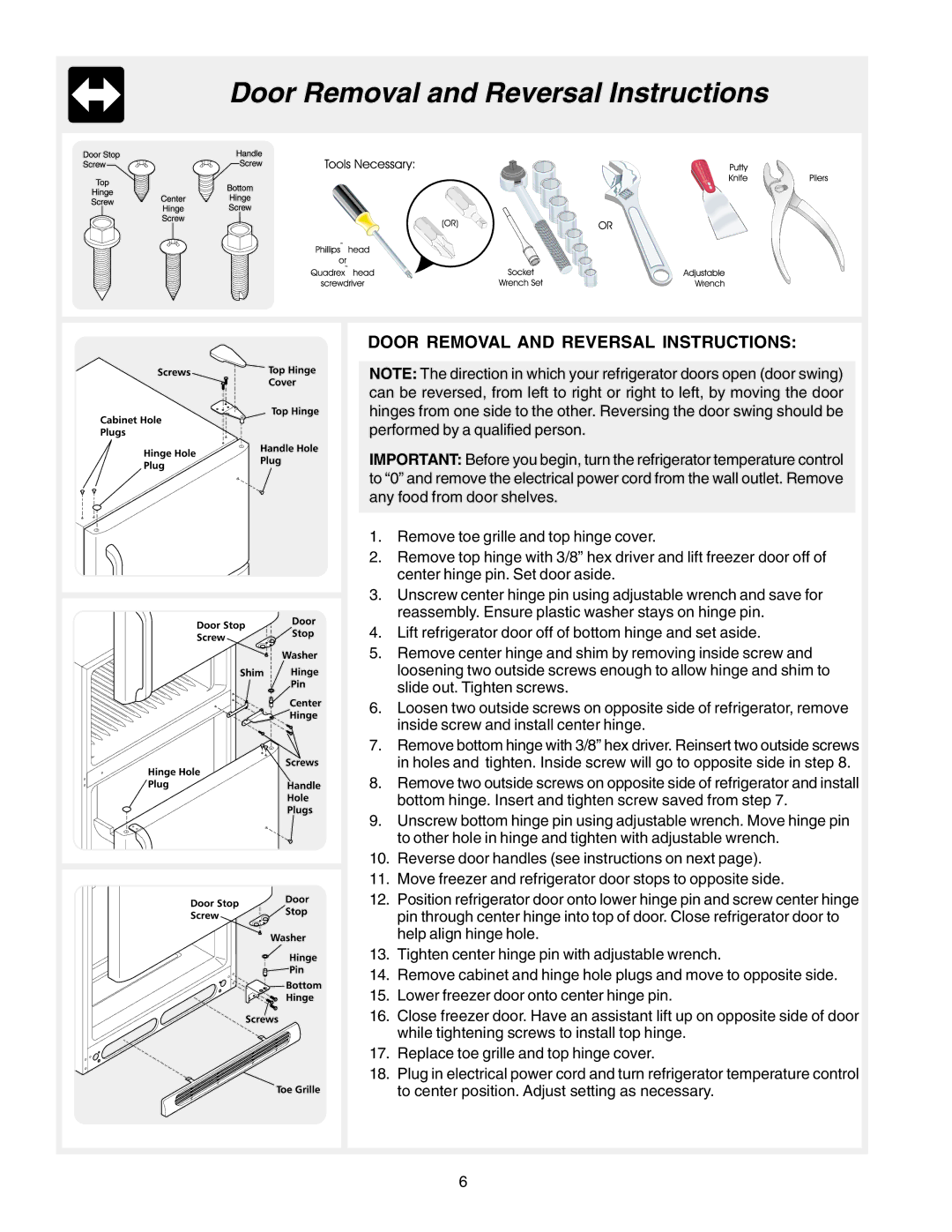 Frigidaire Frigidaire manual Door Removal and Reversal Instructions 