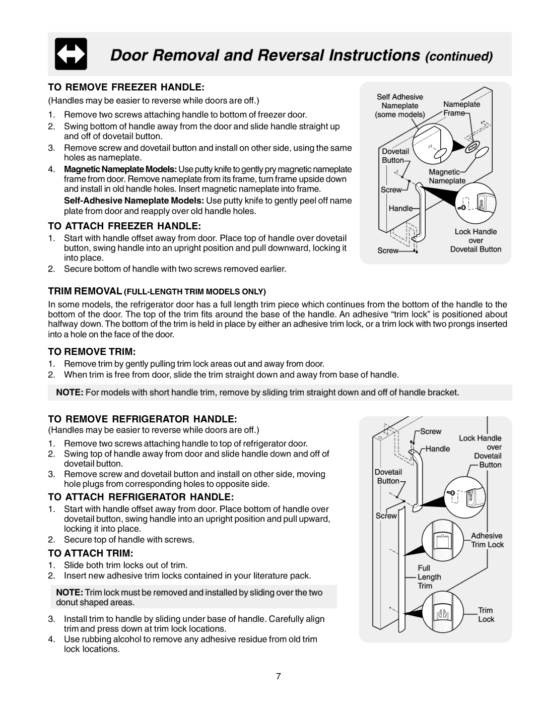 Frigidaire Frigidaire To Remove Freezer Handle, To Attach Freezer Handle, To Remove Trim, To Attach Refrigerator Handle 