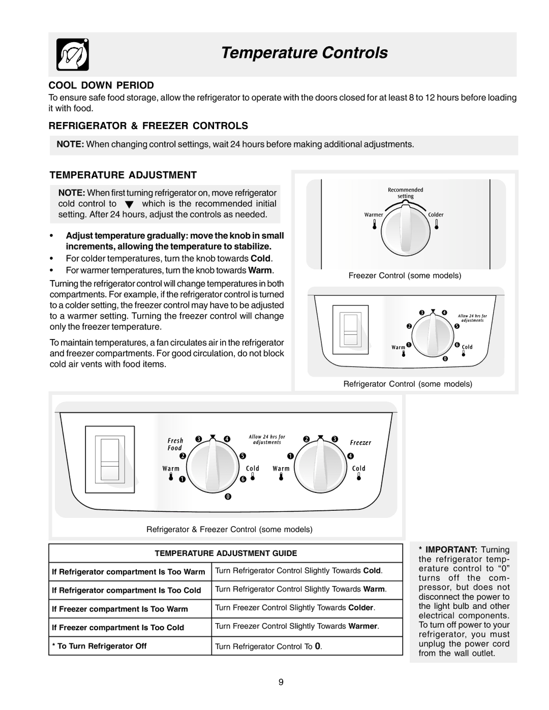 Frigidaire Frigidaire manual Temperature Controls, Cool Down Period, Refrigerator & Freezer Controls Temperature Adjustment 