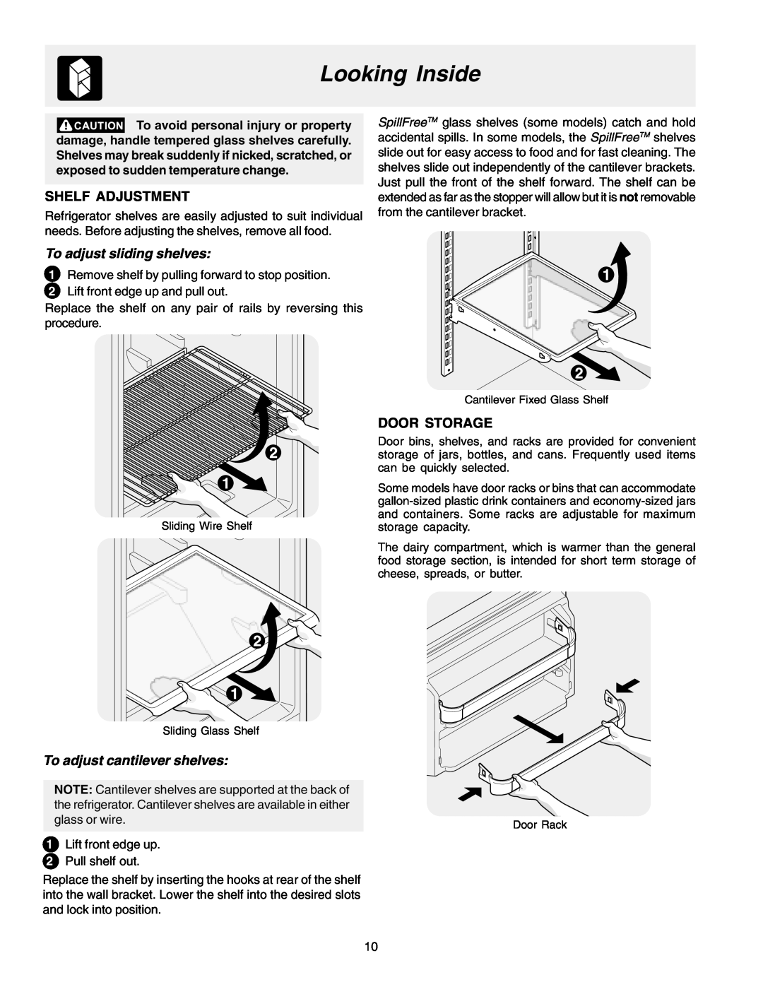 Frigidaire Frigidaire manual Looking Inside, Shelf Adjustment, To adjust sliding shelves, Door Storage 
