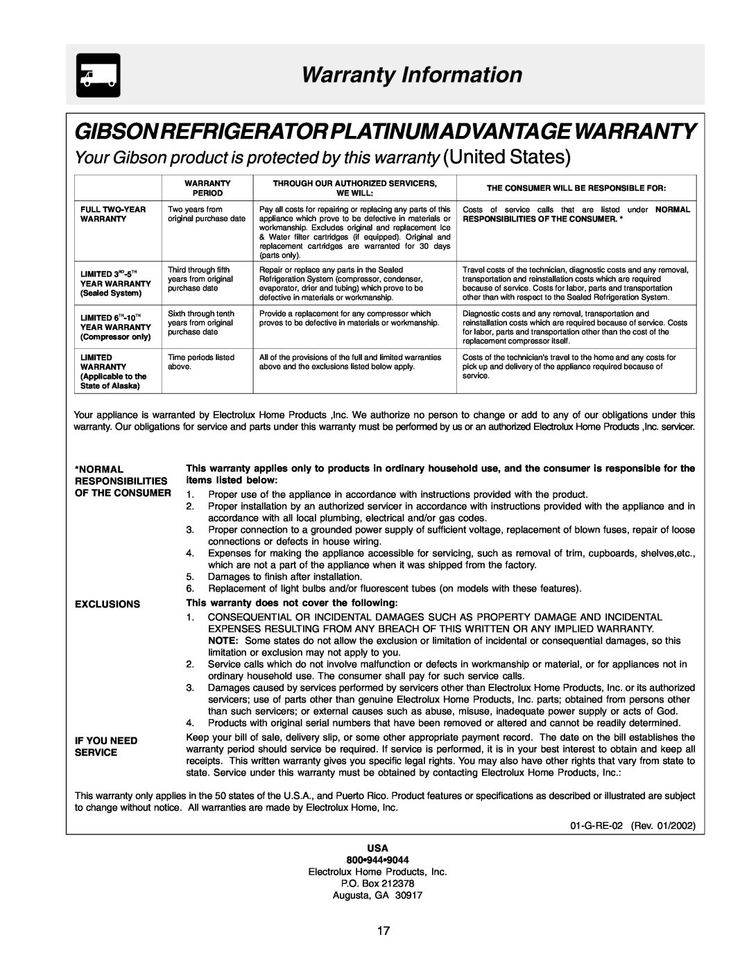 Frigidaire Frigidaire manual Warranty Information GIBSONREFRIGERATORPLATINUMADVANTAGEWARRANTY, Service, Usa 