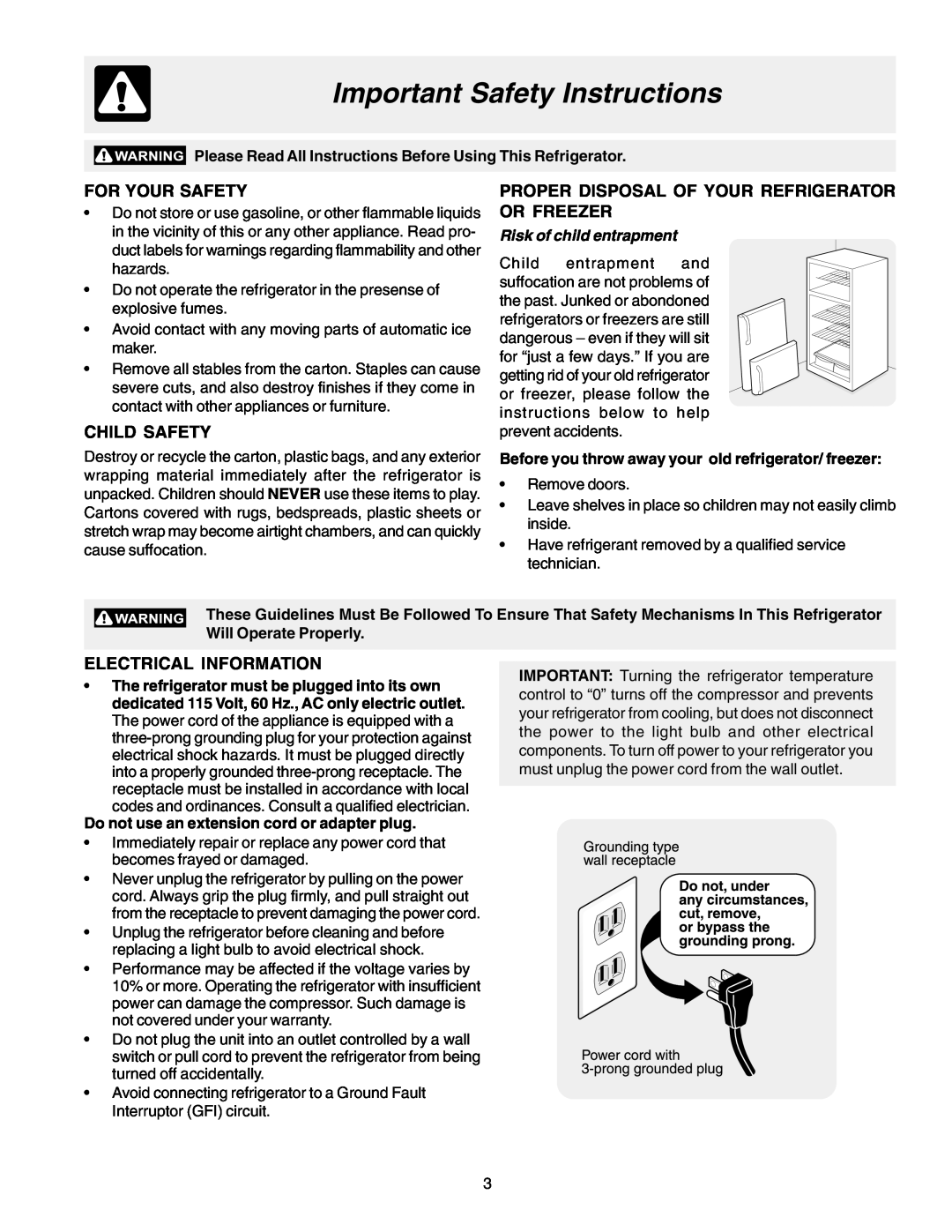 Frigidaire Frigidaire manual Important Safety Instructions, For Your Safety, Child Safety, Electrical Information 