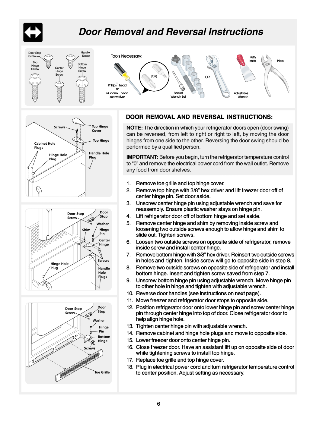 Frigidaire Frigidaire manual Door Removal and Reversal Instructions, Door Removal And Reversal Instructions 