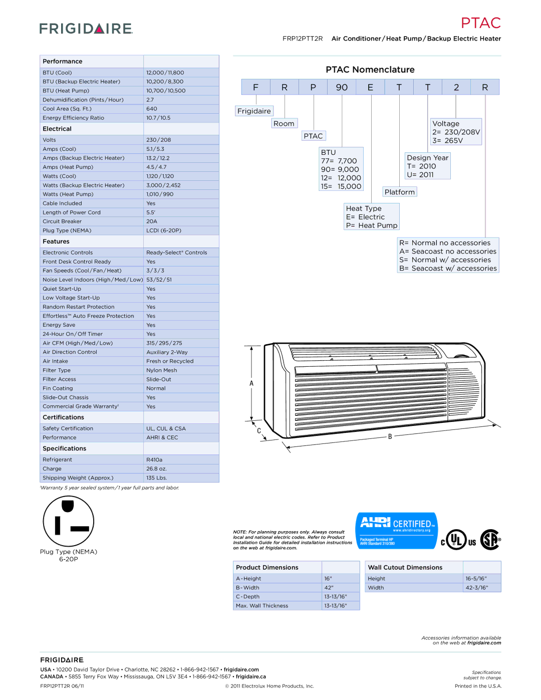 Frigidaire FRP12PTT2R dimensions Ptac Nomenclature, Frigidaire Room Voltage = 230/208V 