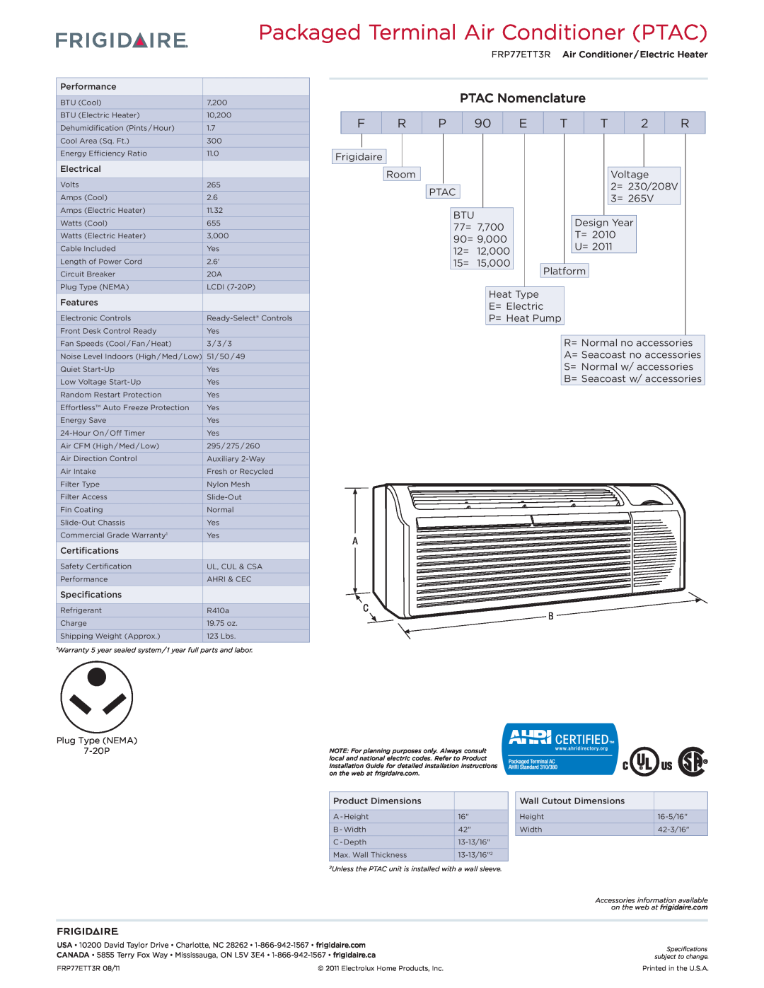 Frigidaire FRP77ETT3R dimensions Packaged Terminal Air Conditioner PTAC, PTAC Nomenclature 