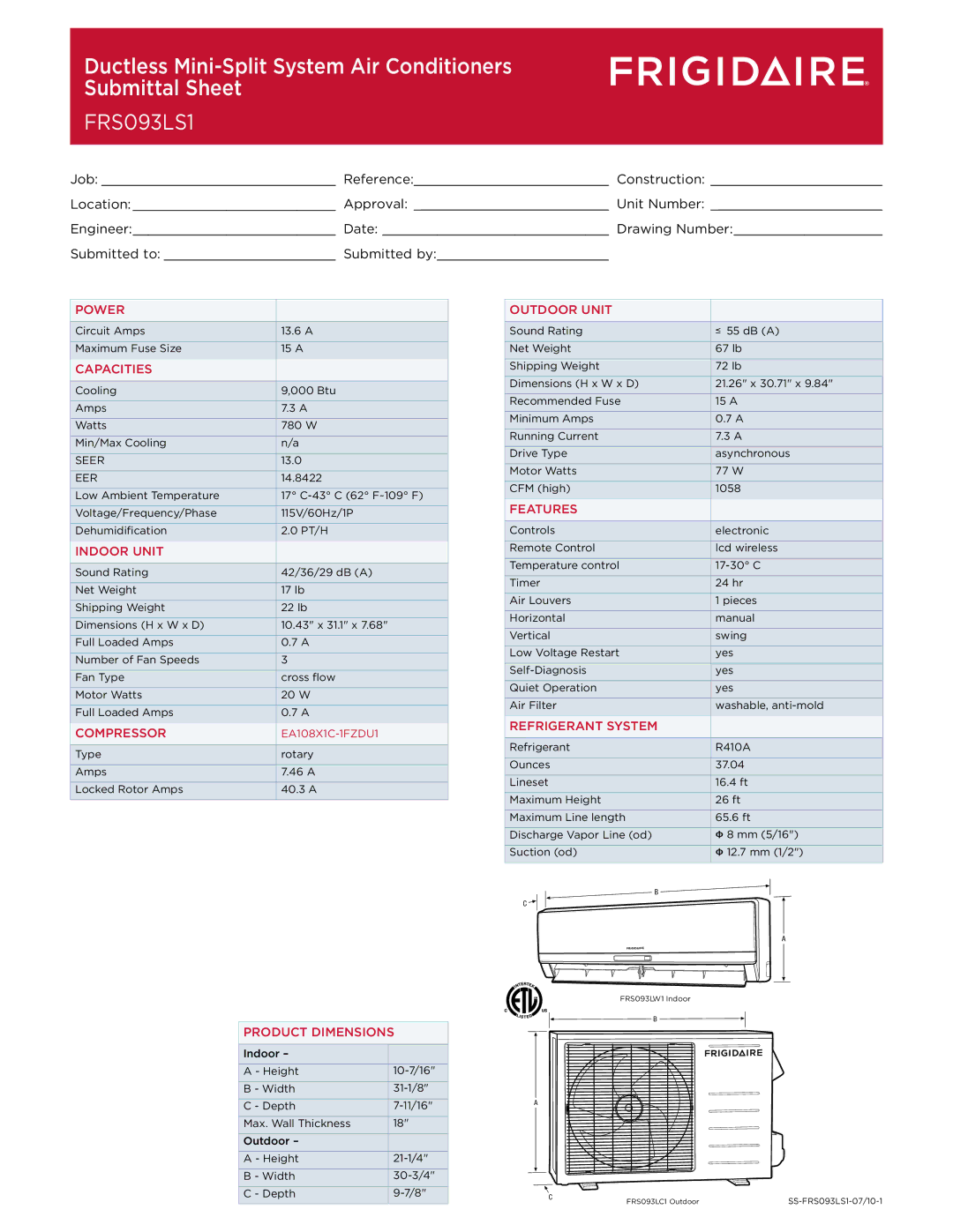 Frigidaire FRS093LS1 dimensions Ductless Mini-Split System Air Conditioners Submittal Sheet 