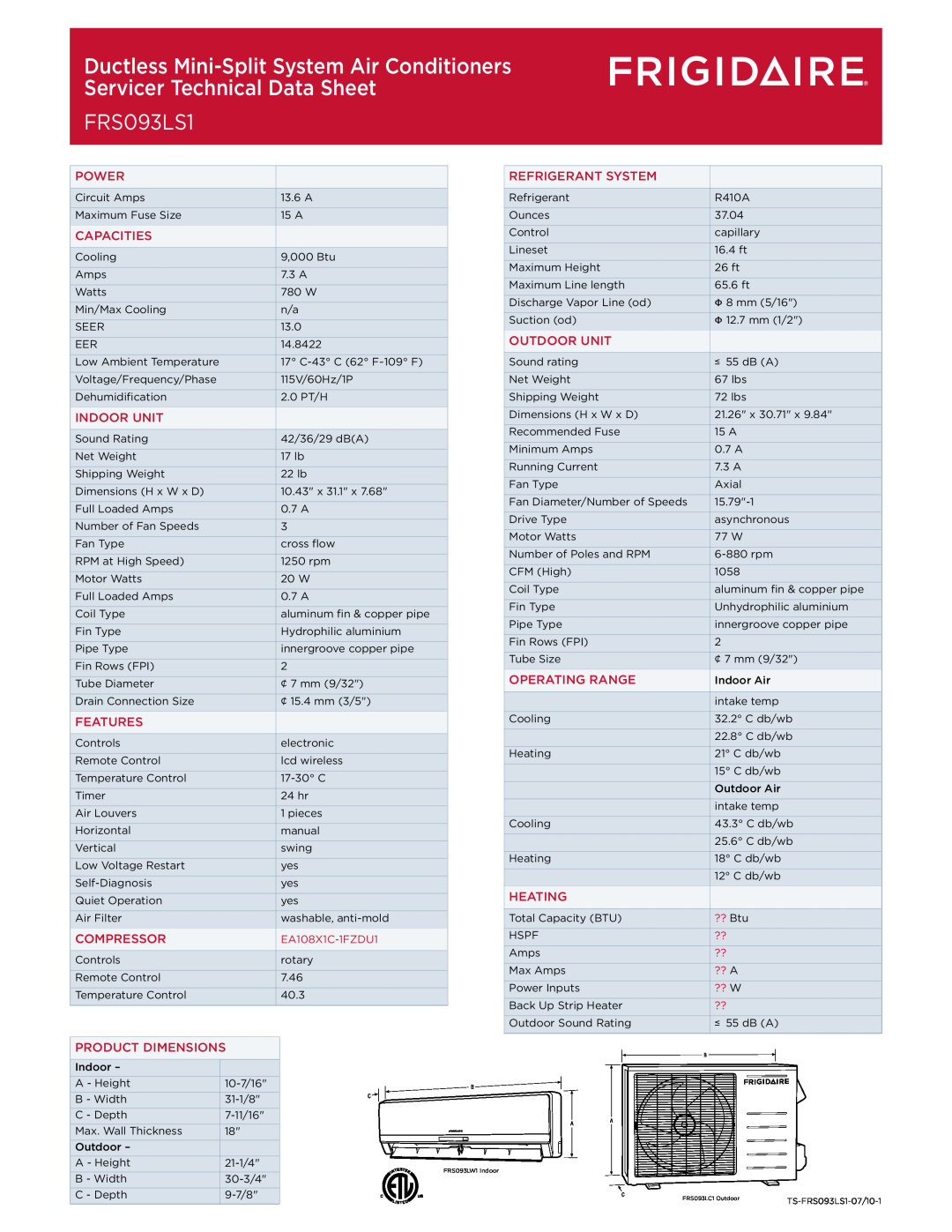 Frigidaire FRS093LS1 dimensions 