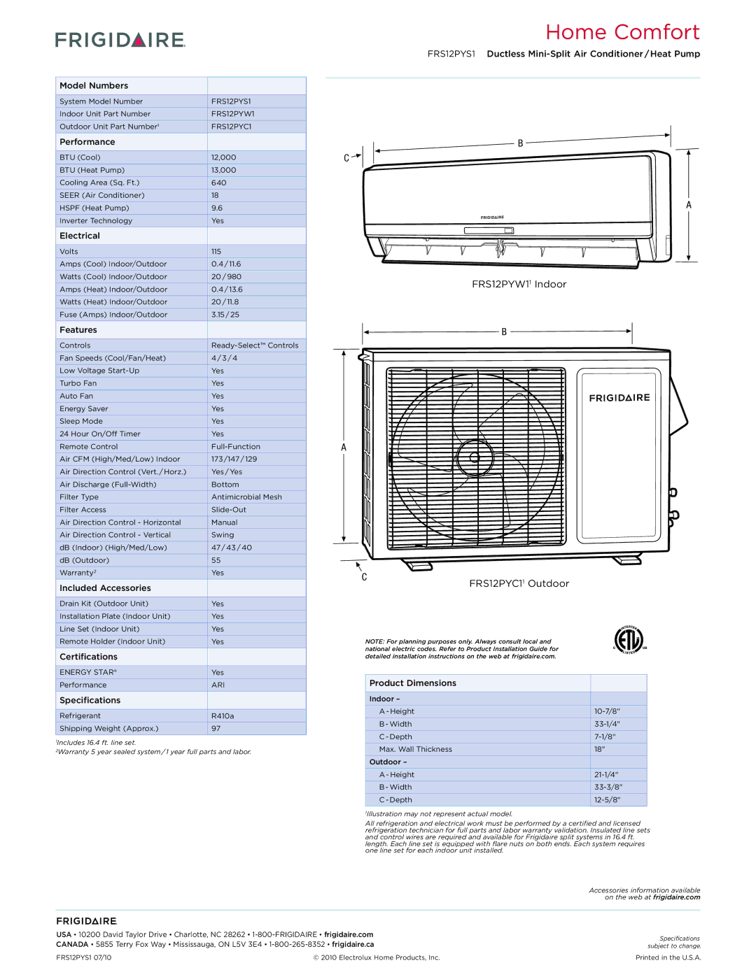 Frigidaire FRS12PYS1 dimensions FRS12PYW11 Indoor, Outdoor 