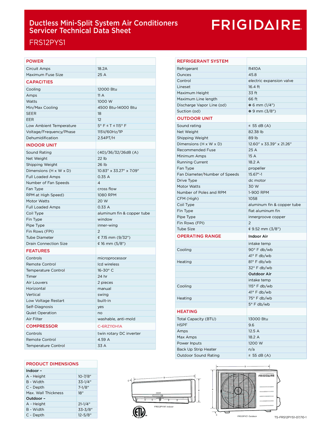 Frigidaire FRS12PYS1 dimensions 