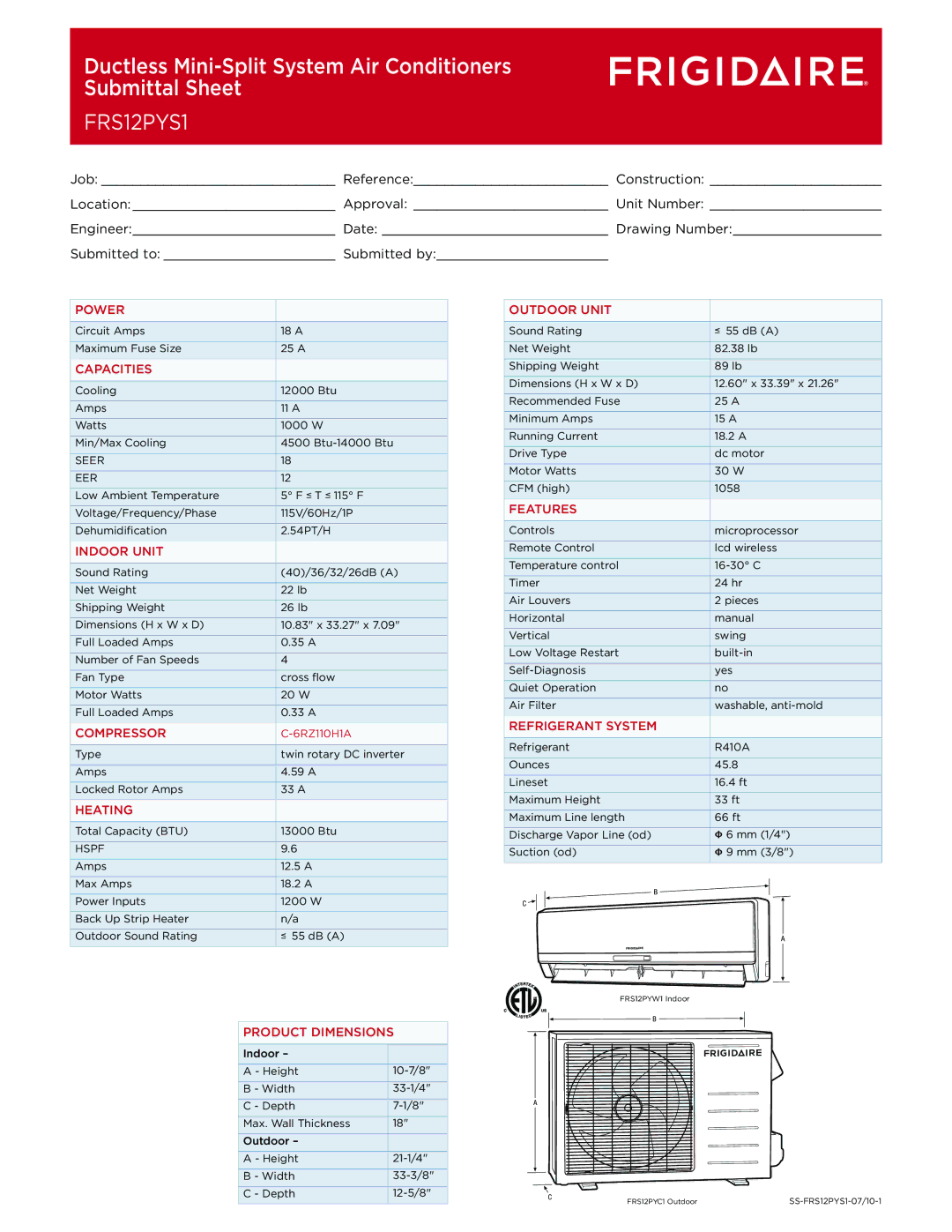 Frigidaire FRS12PYS1 dimensions Ductless Mini-Split System Air Conditioners Submittal Sheet 