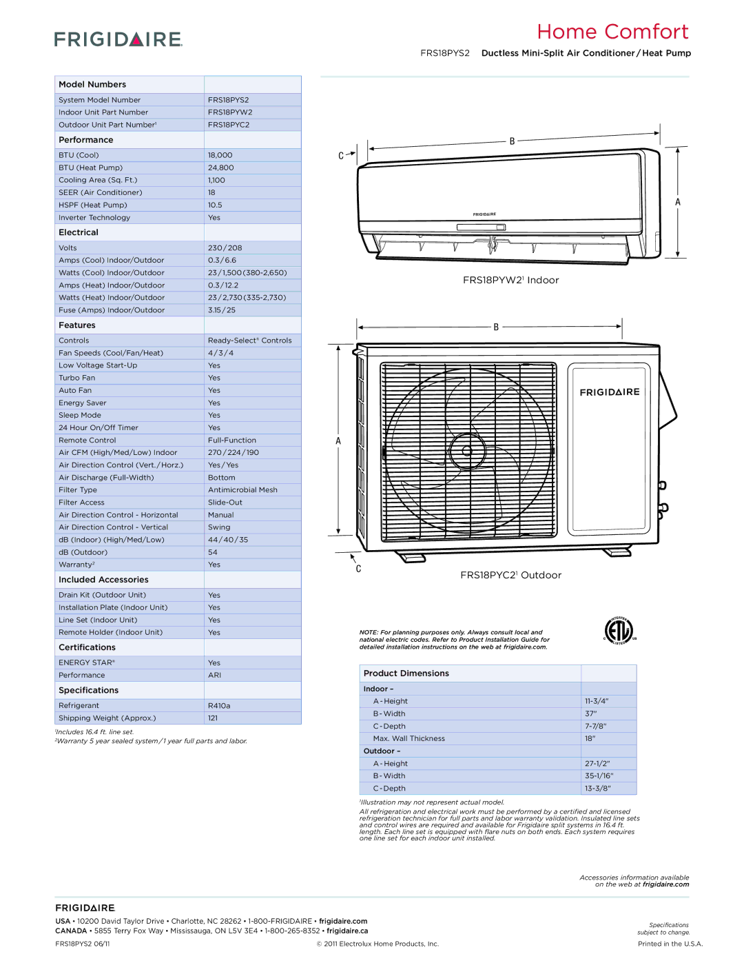 Frigidaire FRS18PYS2 dimensions FRS18PYW21 Indoor, Outdoor 