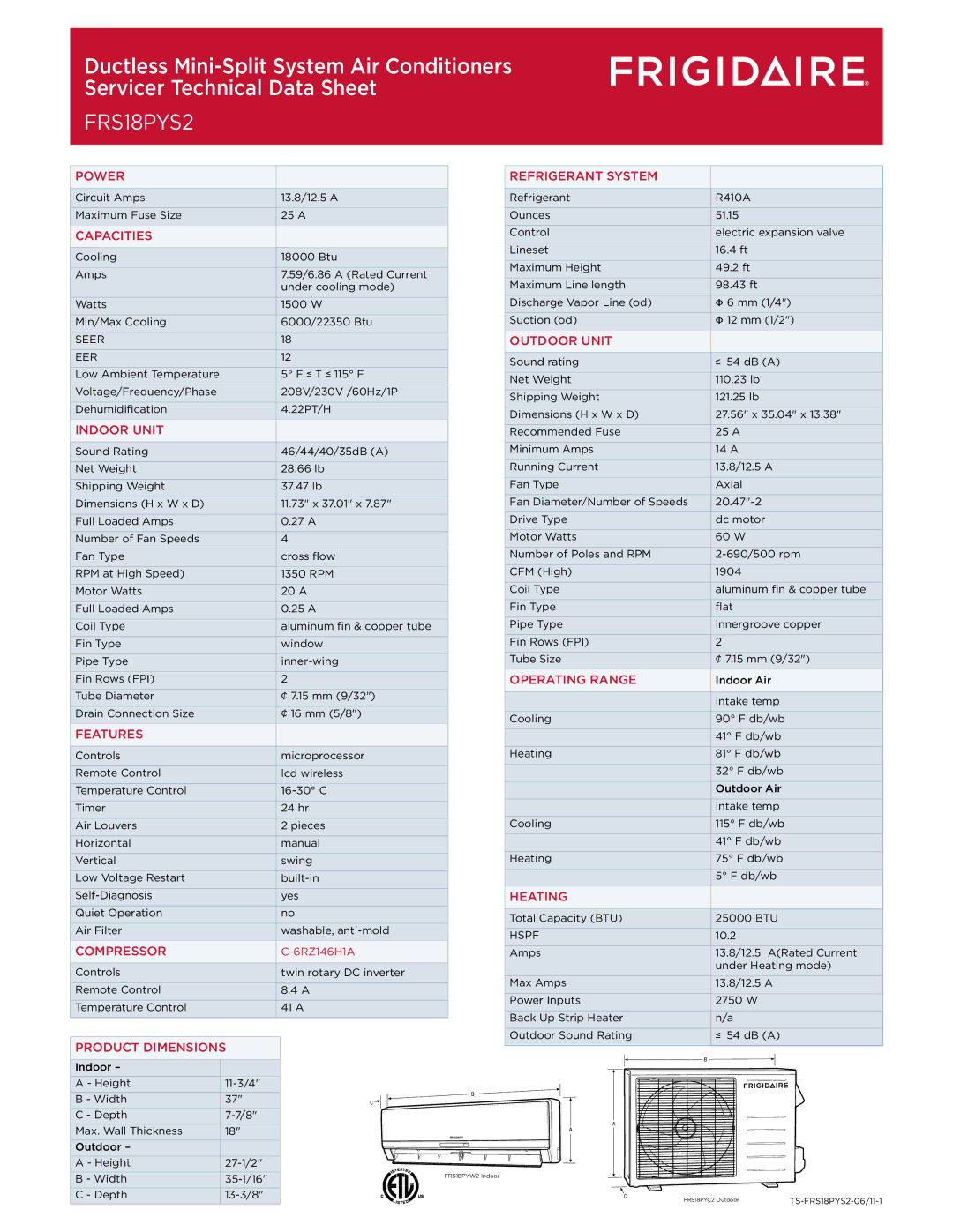 Frigidaire FRS18PYS2 dimensions Seer, Eer, Hspf 