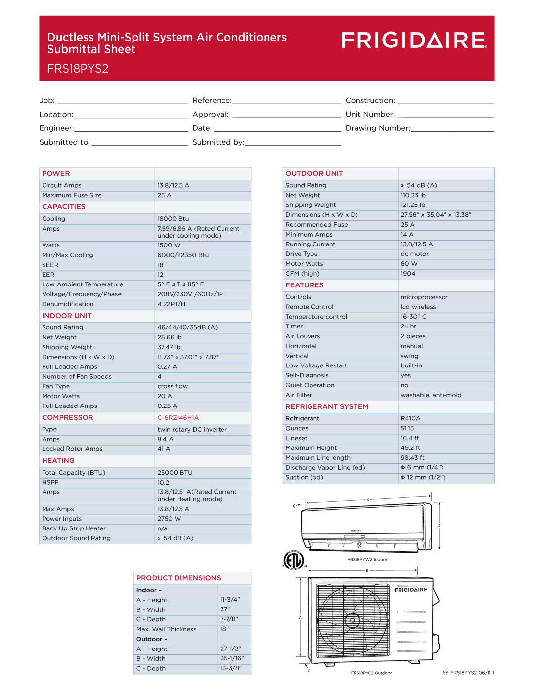 Frigidaire FRS18PYS2 dimensions Seer EER 