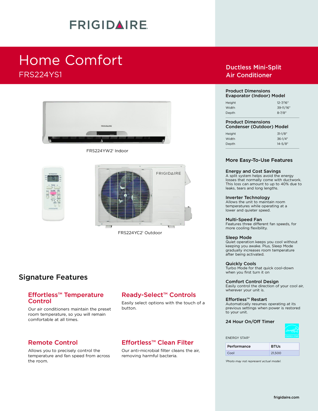 Frigidaire FRS224YS1 dimensions FRS224YW21 Indoor FRS224YC21 Outdoor, Easily select options with the touch of a 