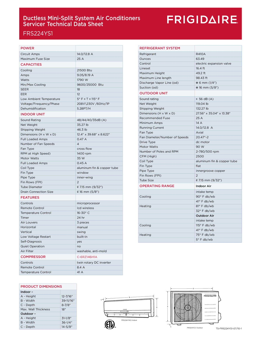 Frigidaire FRS224YS1 dimensions 