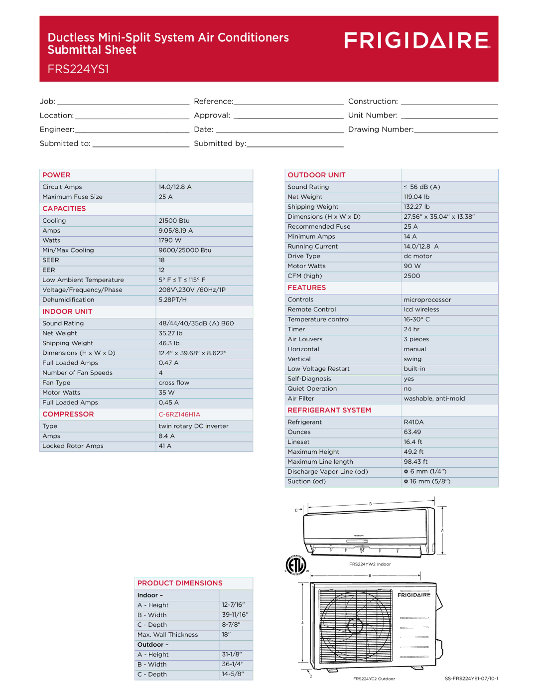 Frigidaire FRS224YS1 dimensions Ductless Mini-Split System Air Conditioners Submittal Sheet 