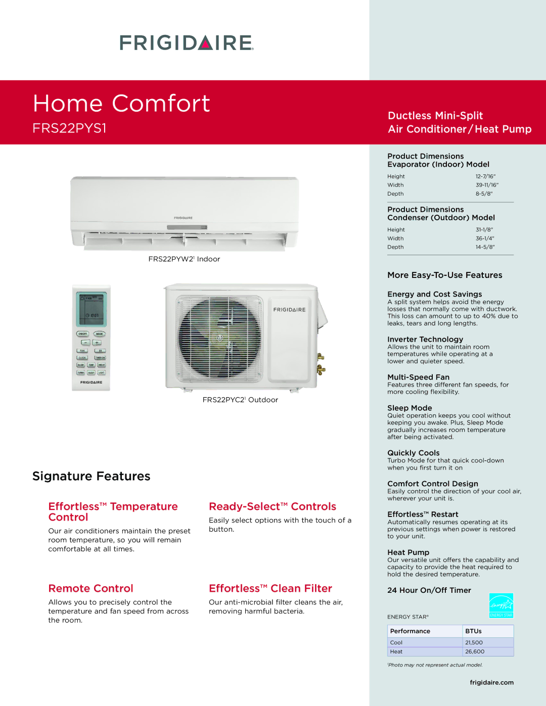 Frigidaire dimensions FRS22PYW21 Indoor FRS22PYC21 Outdoor, Easily select options with the touch of a, Multi-Speed Fan 