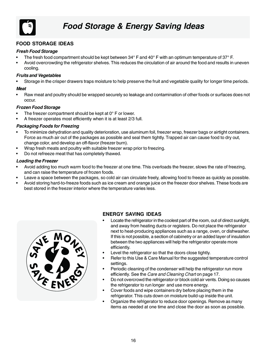 Frigidaire FRS23KR4AW3, FRS23F5AB3, FRS23F5AW3, FRS23H5ASB1 manual Food Storage & Energy Saving Ideas, Food Storage Ideas 