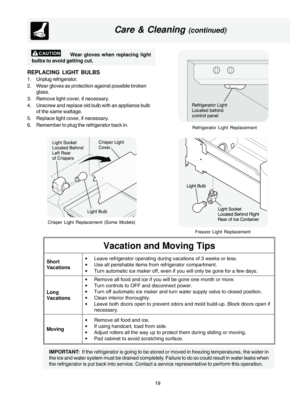 Frigidaire FRS23R4AB3, FRS23F5AB3, FRS23F5AW3, FRS23H5ASB1, FRS23F5AQ3 manual Vacation and Moving Tips, Replacing Light Bulbs 