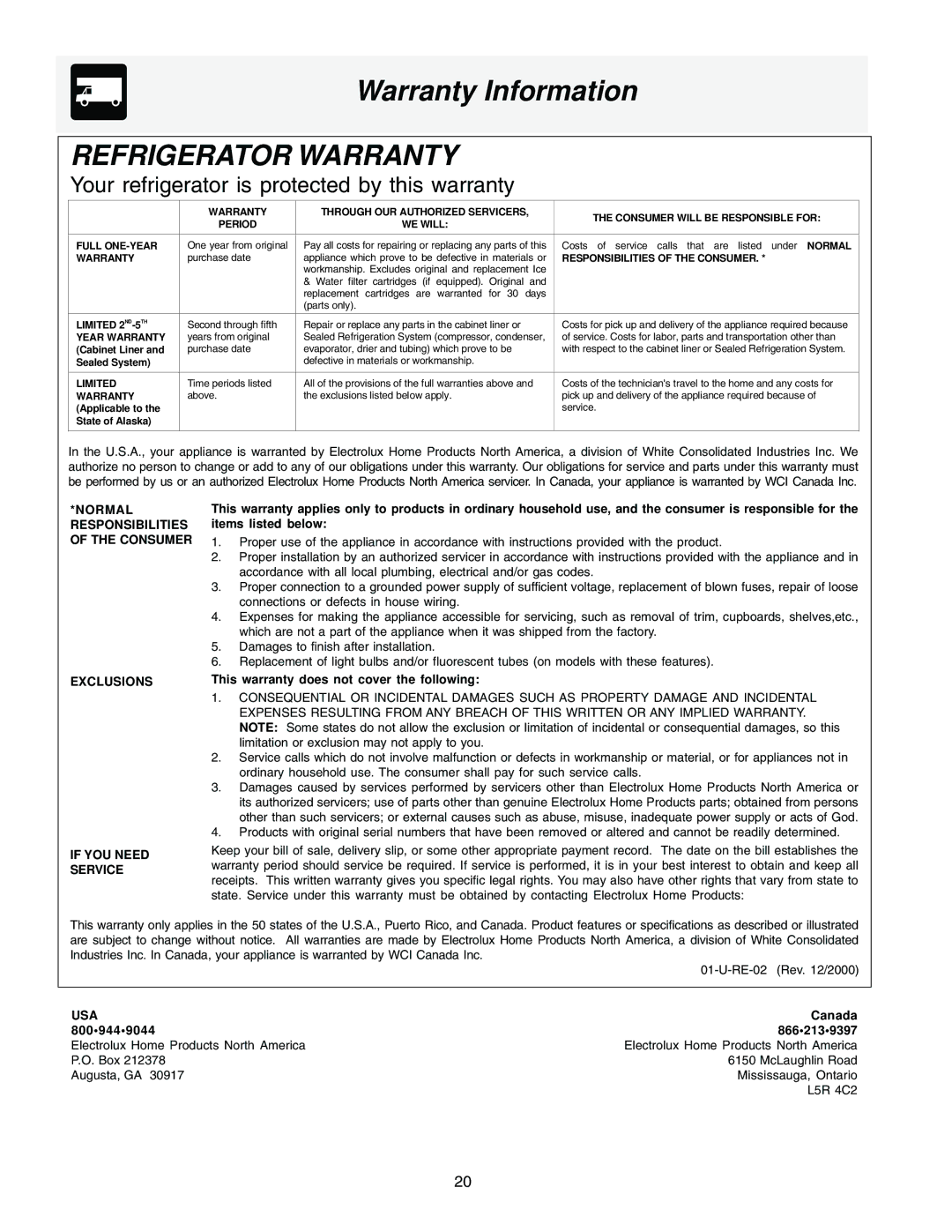 Frigidaire FRS23R4AW5, FRS23F5AB3, FRS23F5AW3, FRS23H5ASB1, FRS23F5AQ3, FRS26R4AW3 Warranty Information, Refrigerator Warranty 