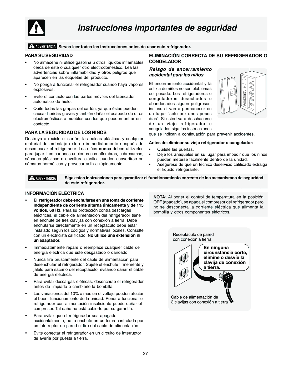 Frigidaire FRS26HR4AB1 manual Instrucciones importantes de seguridad, Reisgo de encerramiento accidental para los niños 