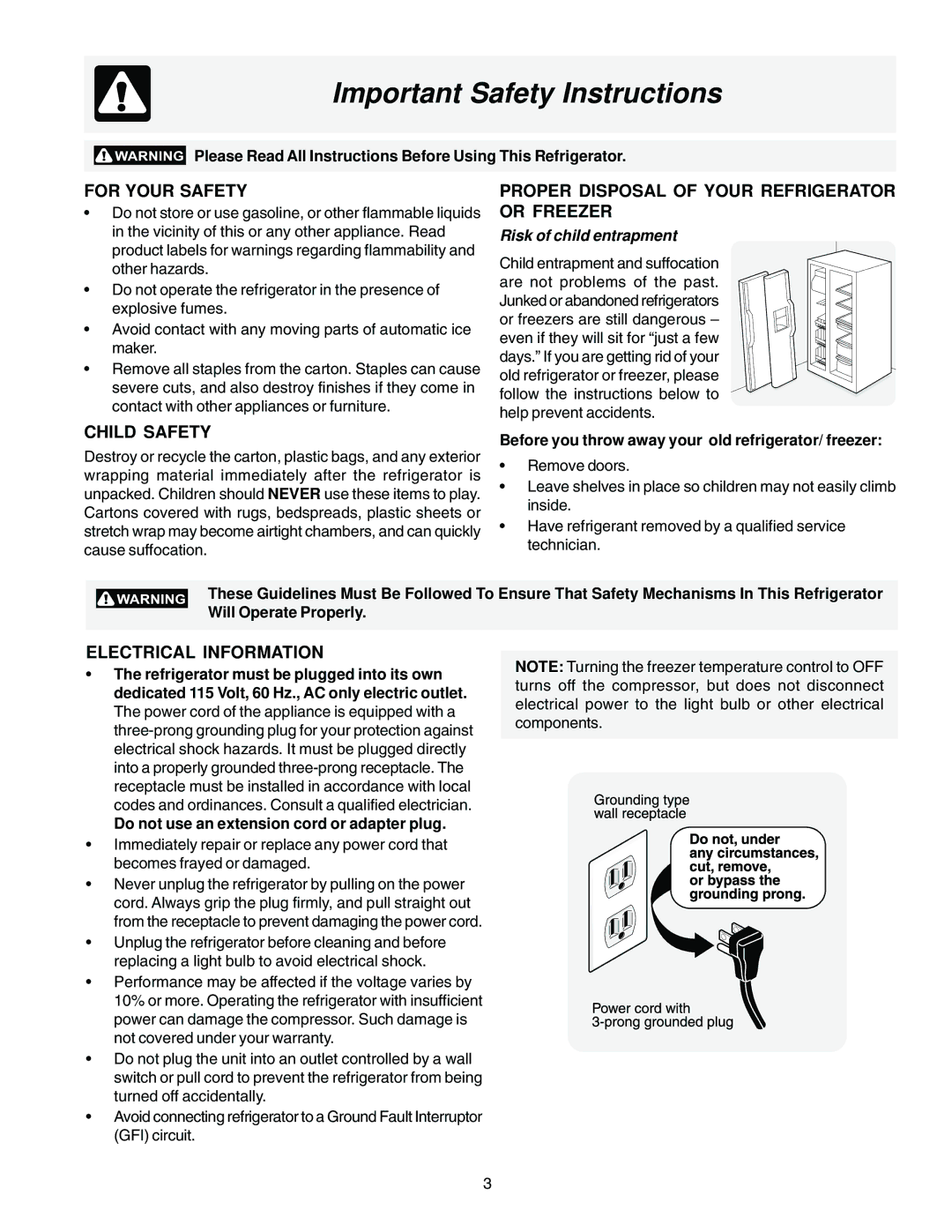 Frigidaire FRS23F5AQ3 Important Safety Instructions, For Your Safety, Proper Disposal of Your Refrigerator or Freezer 