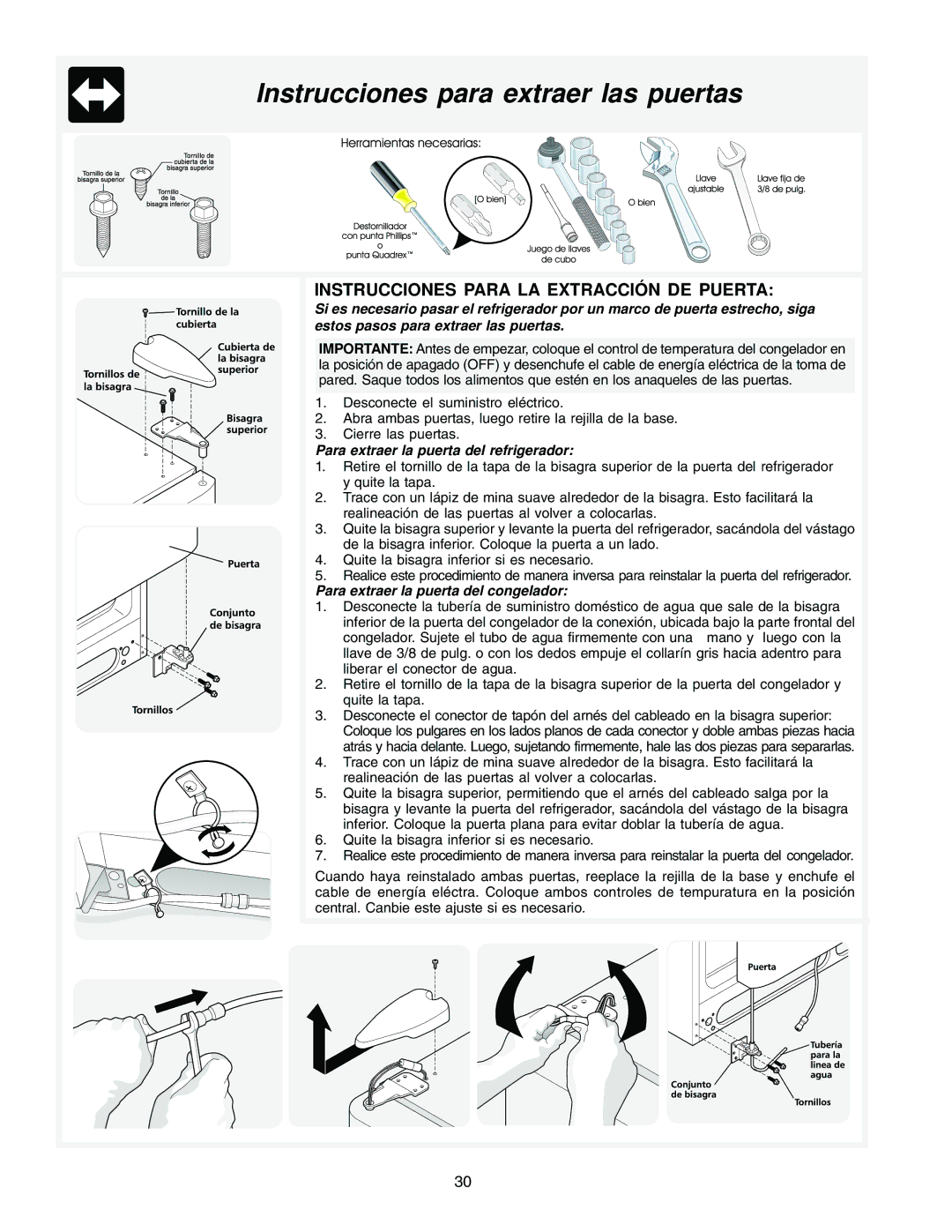 Frigidaire FRS26HF5AB1, FRS23F5AB3 manual Instrucciones para extraer las puertas, Instrucciones Para LA Extracción DE Puerta 