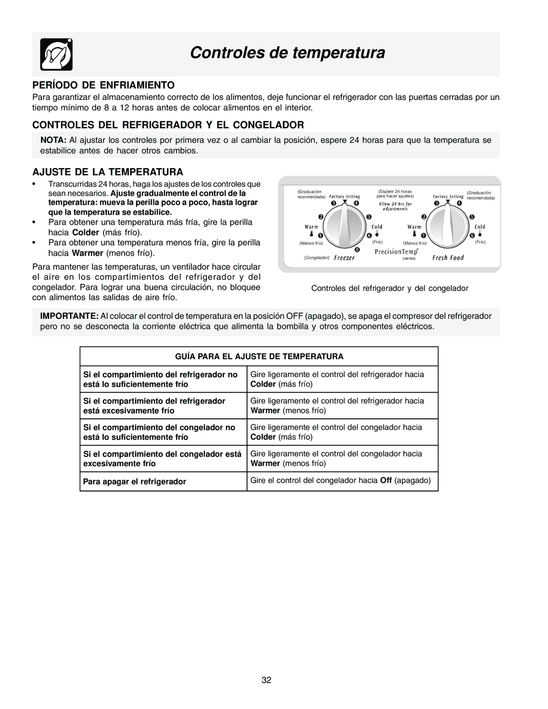 Frigidaire FRS26HF5AQ1 manual Controles de temperatura, Período DE Enfriamiento, Controles DEL Refrigerador Y EL Congelador 