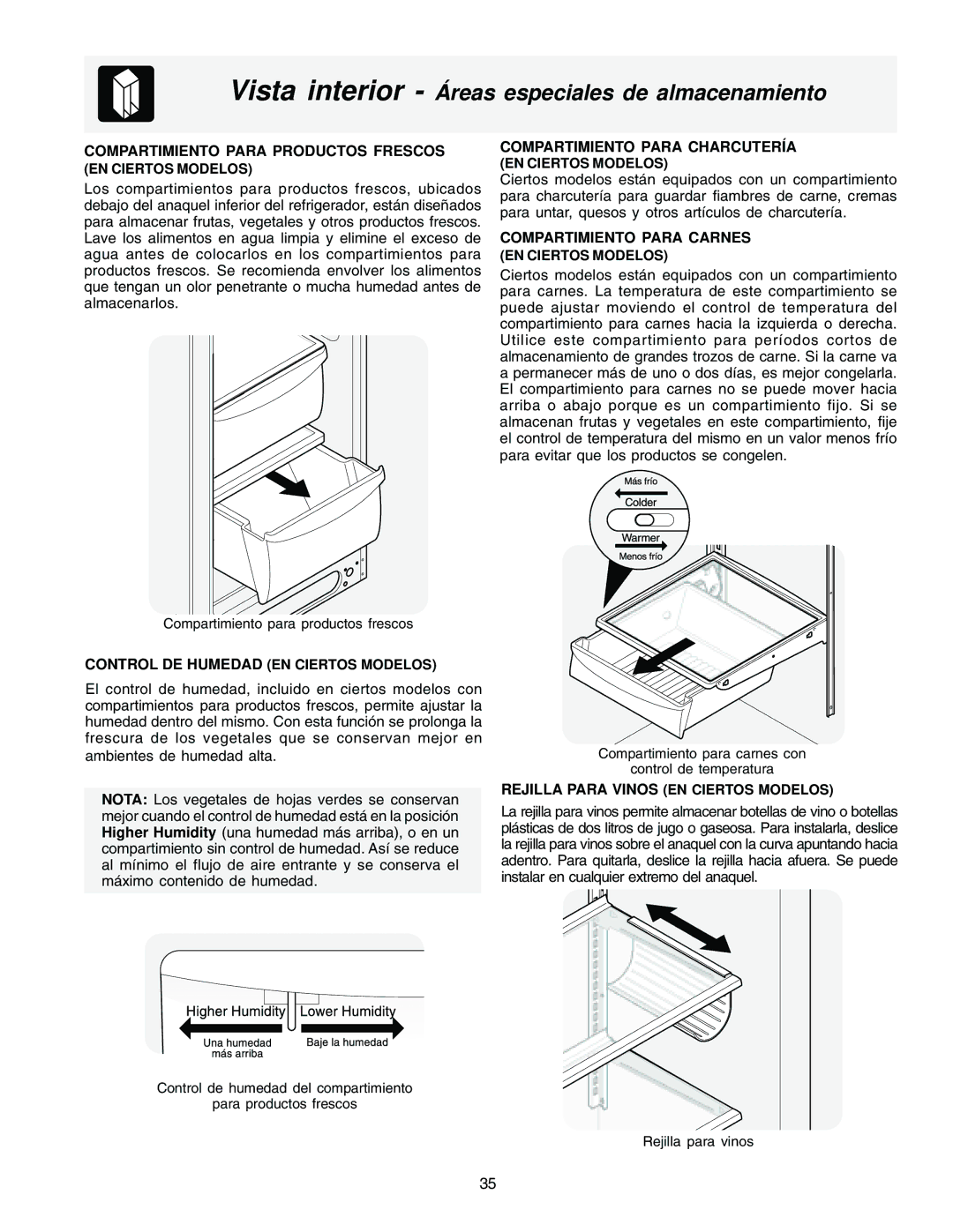 Frigidaire FRS23H5ASB1, FRS23F5AB3, FRS23F5AW3 Control DE Humedad EN Ciertos Modelos, Rejilla Para Vinos EN Ciertos Modelos 