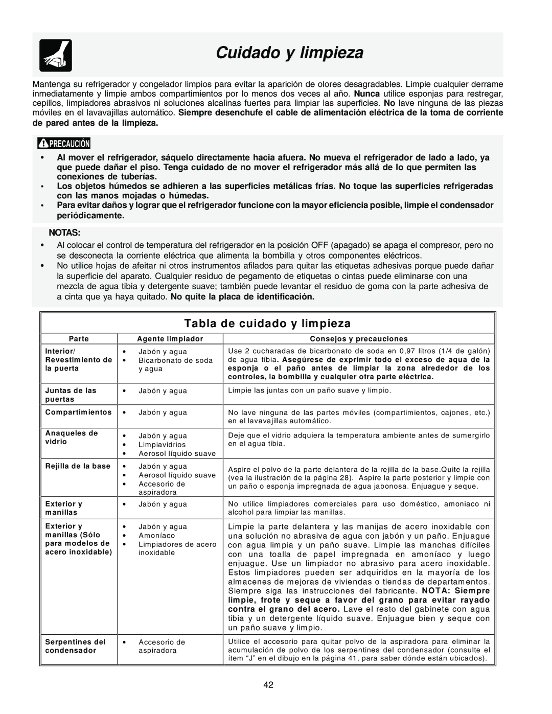 Frigidaire FRS26R4AQ3, FRS23F5AB3, FRS23F5AW3, FRS23H5ASB1, FRS23F5AQ3, FRS23HF5AW2, FRS23HF5AQ2 manual Cuidado y limpieza, Notas 