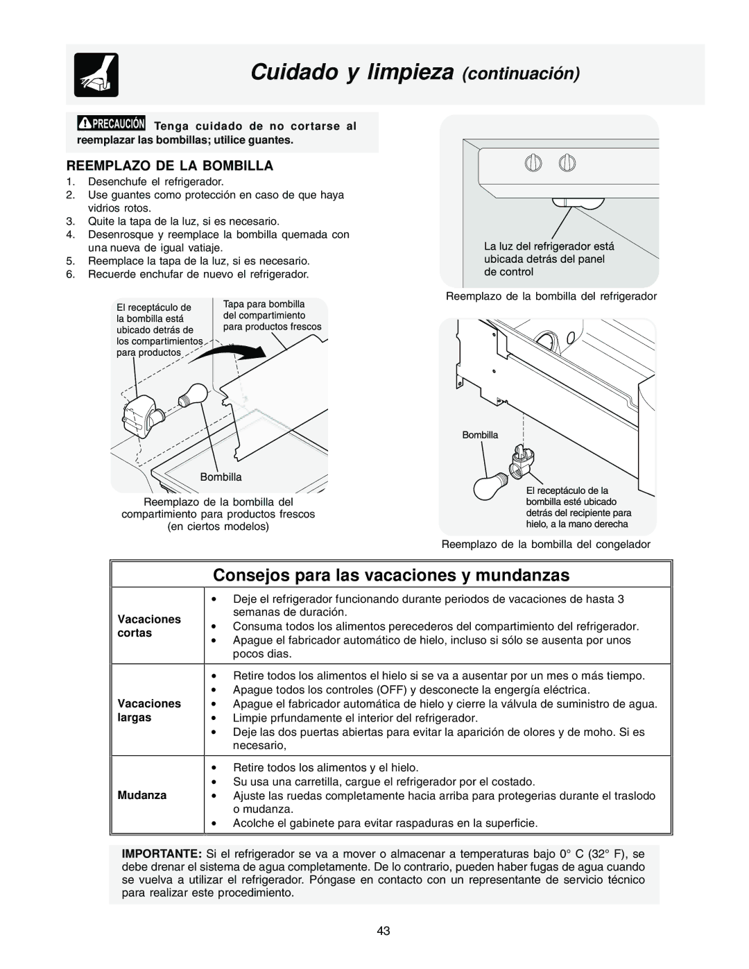 Frigidaire FRS26R4AQ2, FRS23F5AB3, FRS23F5AW3, FRS23H5ASB1 manual Cuidado y limpieza continuación, Reemplazo DE LA Bombilla 