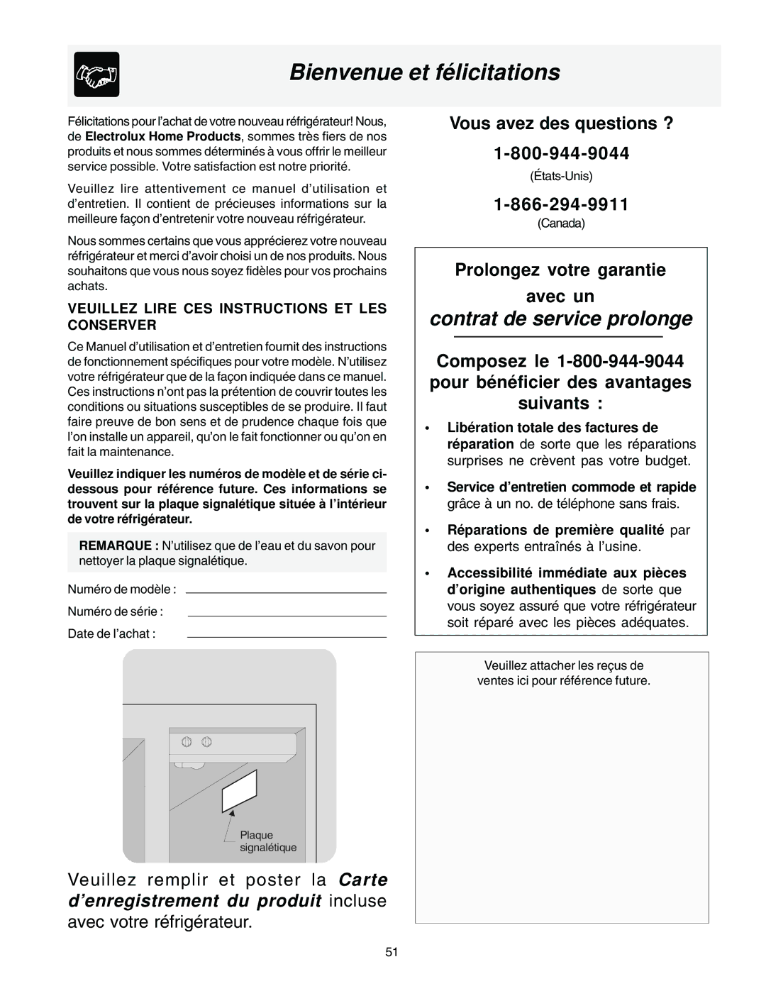 Frigidaire FRS23KR4AB3, FRS23F5AB3, FRS23F5AW3 Bienvenue et félicitations, Veuillez Lire CES Instructions ET LES Conserver 