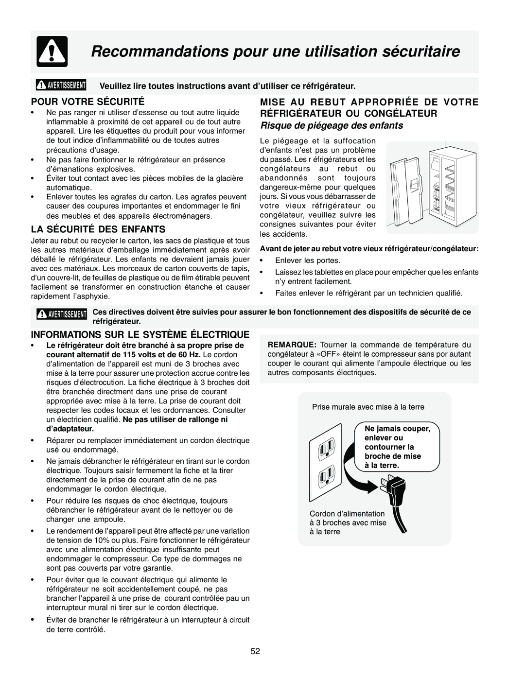 Frigidaire FRS23R4AB3 manual Recommandations pour une utilisation sécuritaire, Pour Votre Sécurité, LA Sécurité DES Enfants 