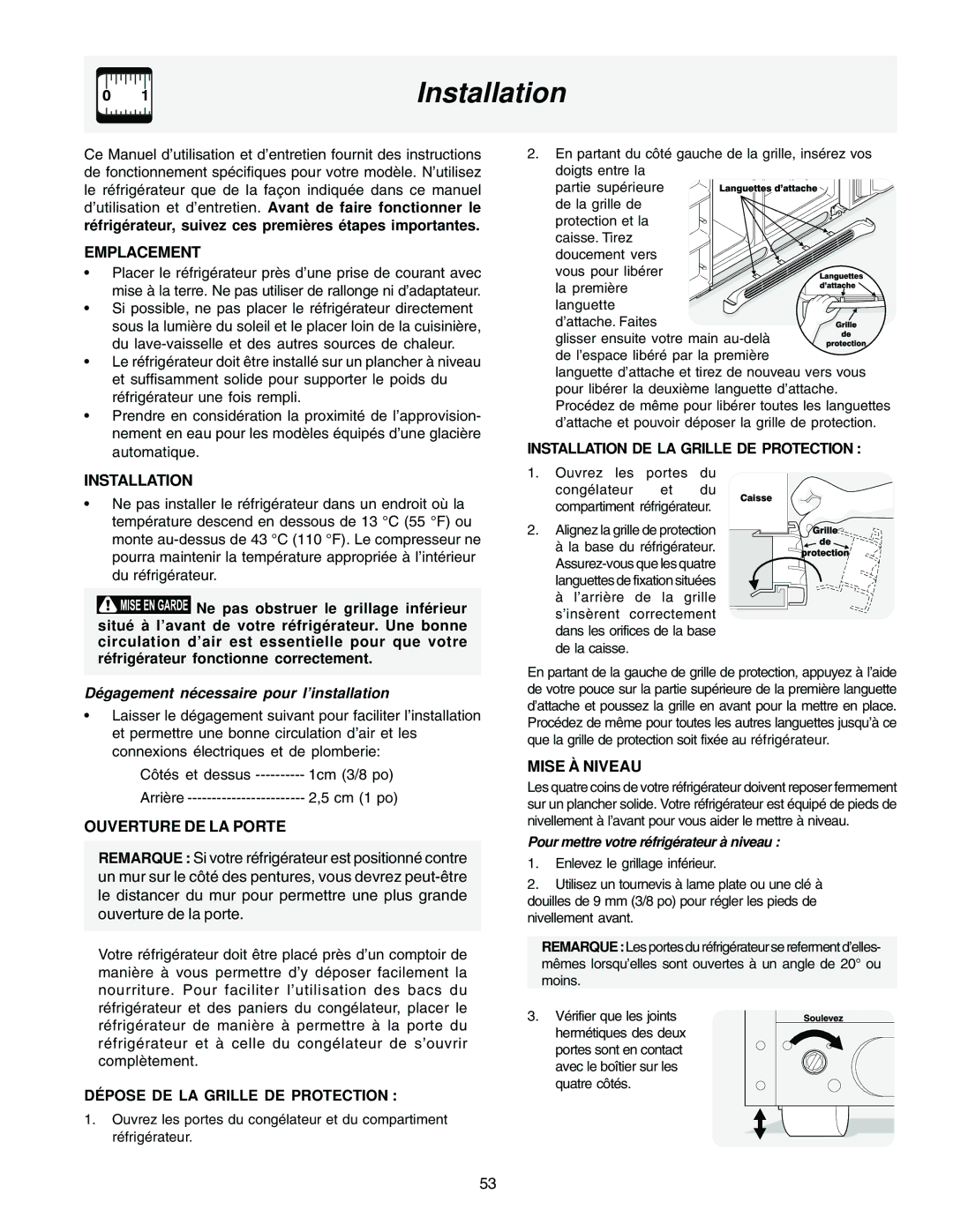 Frigidaire FRS23R4AW5, FRS23F5AB3, FRS23F5AW3, FRS23H5ASB1, FRS23F5AQ3 Emplacement, Dégagement nécessaire pour l’installation 