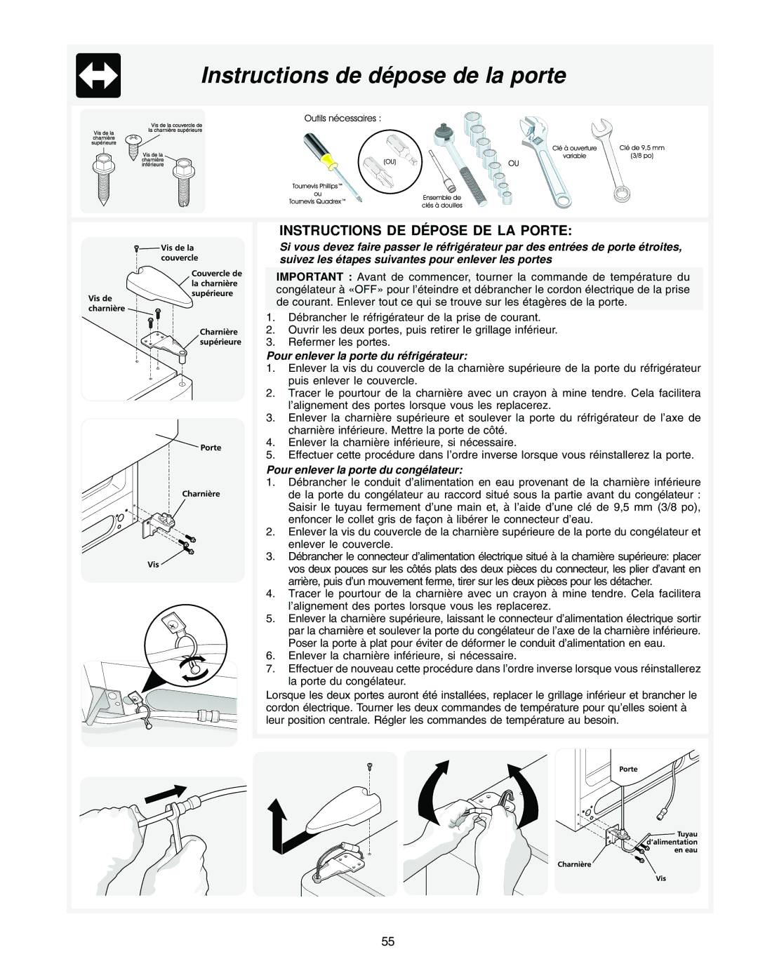 Frigidaire FRS23SM4AW0, FRS23F5AB3, FRS23F5AW3 manual Instructions de dépose de la porte, Instructions DE Dépose DE LA Porte 