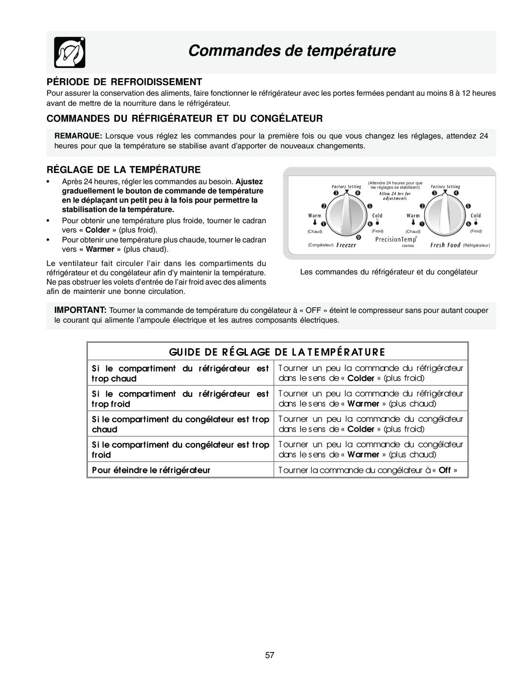 Frigidaire FRS26H5ASB1 Commandes de température, Période DE Refroidissement, Commandes DU Réfrigérateur ET DU Congélateur 