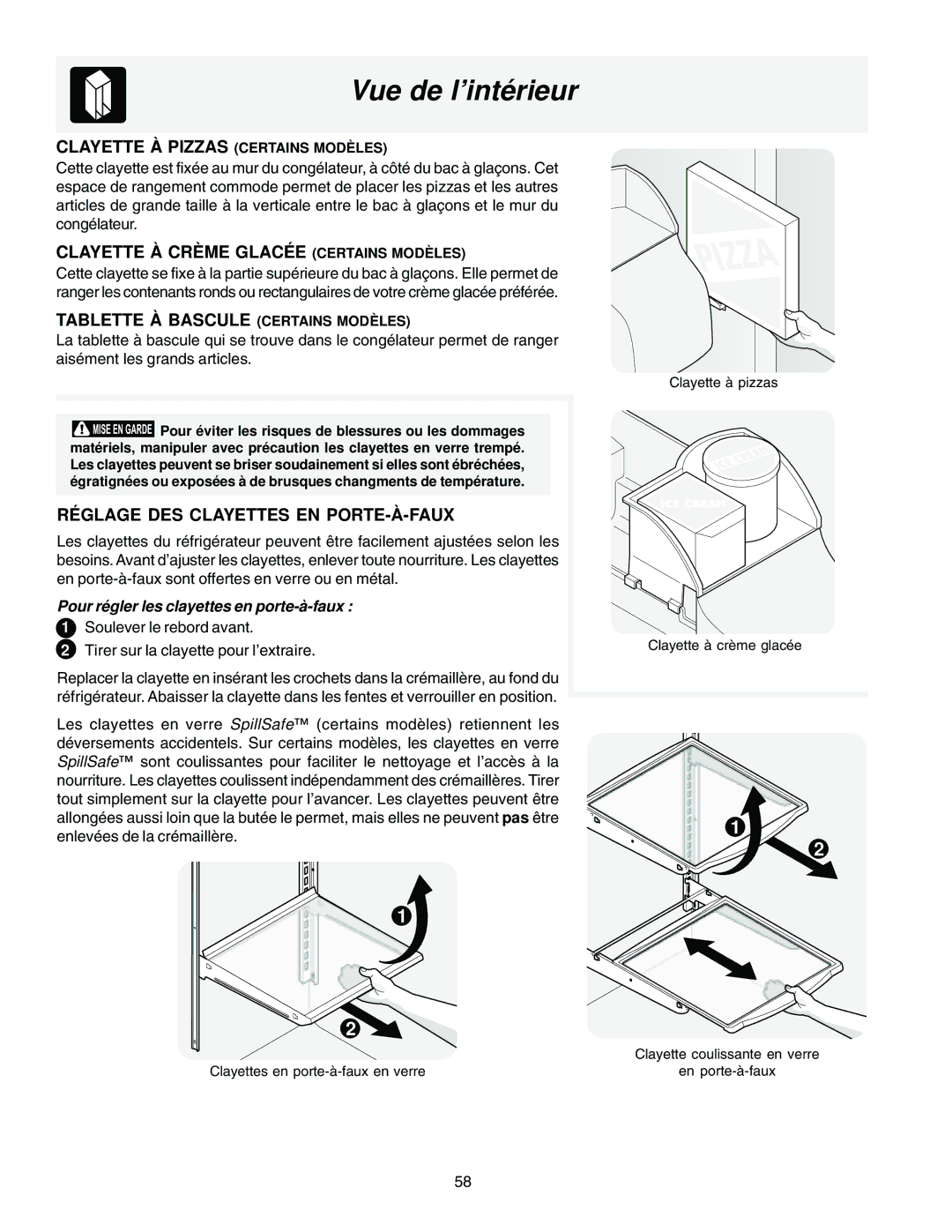 Frigidaire FRS26HR4AQ1 Vue de l’intérieur, Clayette À Pizzas Certains Modèles, Clayette À Crème Glacée Certains Modèles 