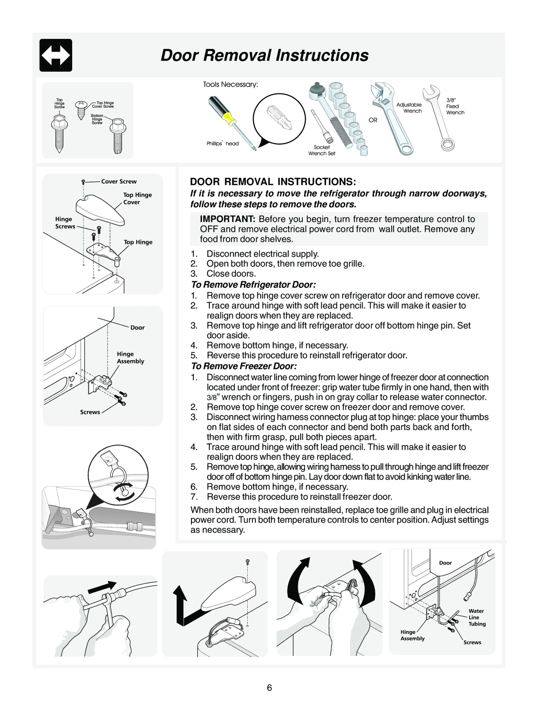 Frigidaire FRS23HF5AB2, FRS23F5AB3 manual Door Removal Instructions, To Remove Refrigerator Door, To Remove Freezer Door 